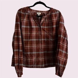 a.n.a. Medium Brown/Blue Plaid Long Sleeve Button-Down Shirt, EUC